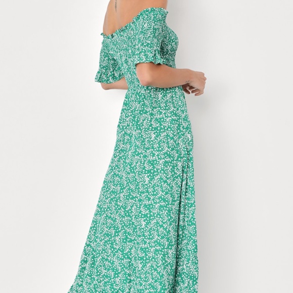 Green Floral Print Off-the-Shoulder Midi Dress - Picture 3 of 9